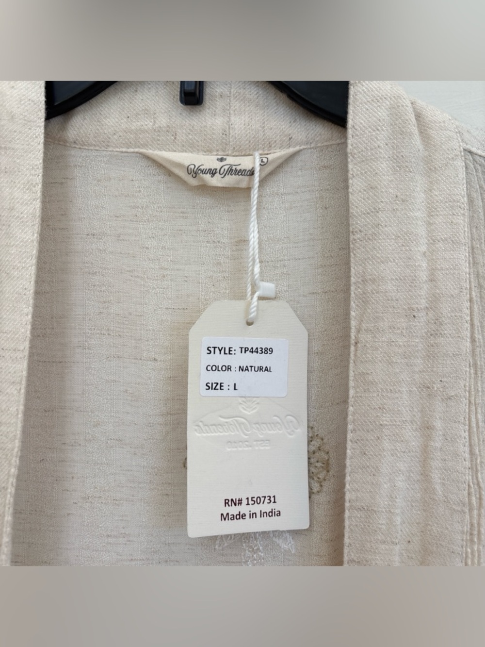Young Threads Natural Denim Motif Embroidered Boho Long Shrug Kimono Duster NWT - Picture 9 of 9